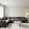 Earl Damask Flax | Thibaut Wallcoverings - Living Room Visualization (AI-generated, may not be to scale. Verify pattern scale with product specifications.)