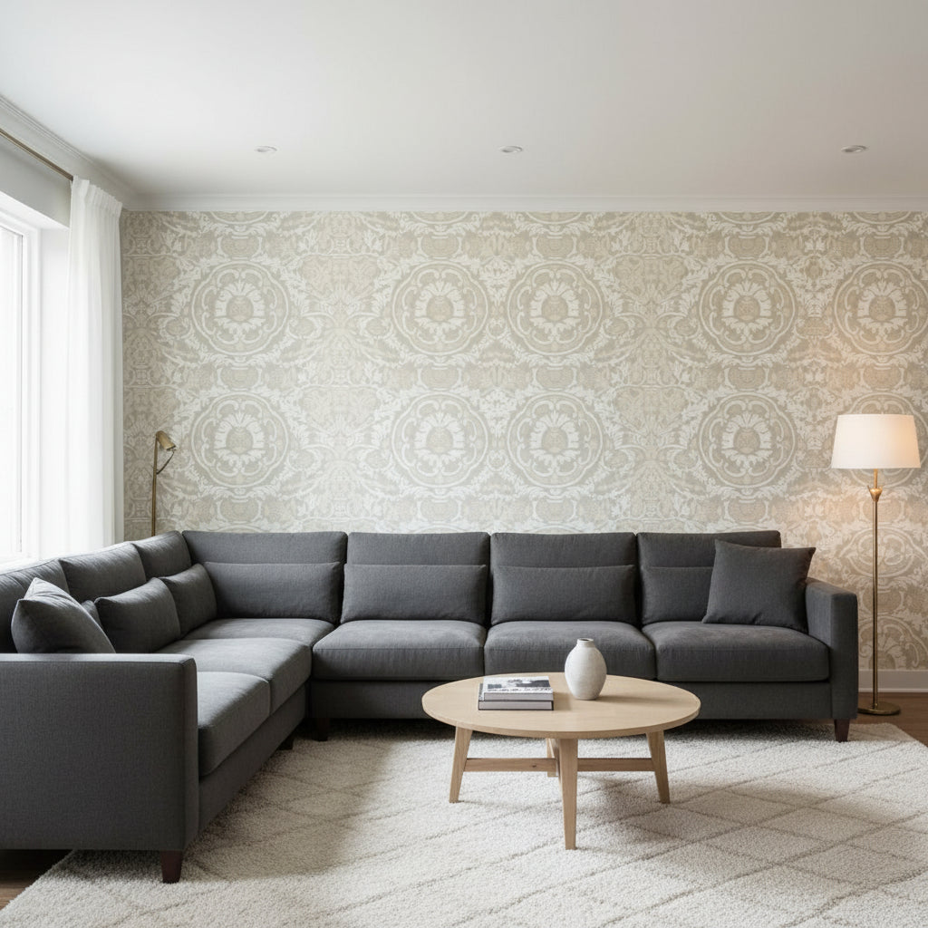 Earl Damask Flax | Thibaut Wallcoverings - Living Room Visualization (AI-generated, may not be to scale. Verify pattern scale with product specifications.)