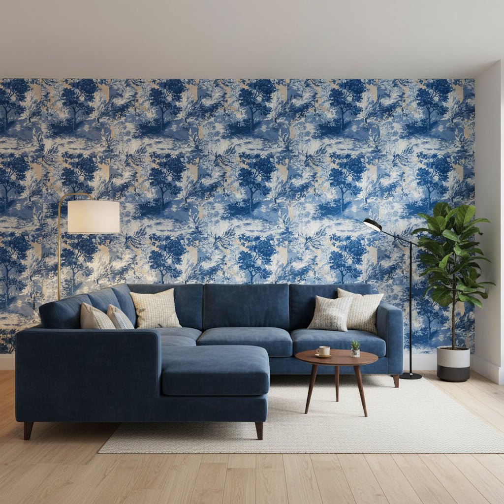 Lincoln Toile Blue and Flax | Thibaut Wallcoverings - Living Room Visualization (AI-generated, may not be to scale. Verify pattern scale with product specifications.)
