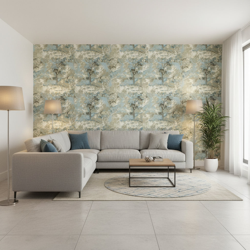 Lincoln Toile Beige and Spa Blue | Thibaut Wallcoverings - Living Room Visualization (AI-generated, may not be to scale. Verify pattern scale with product specifications.)