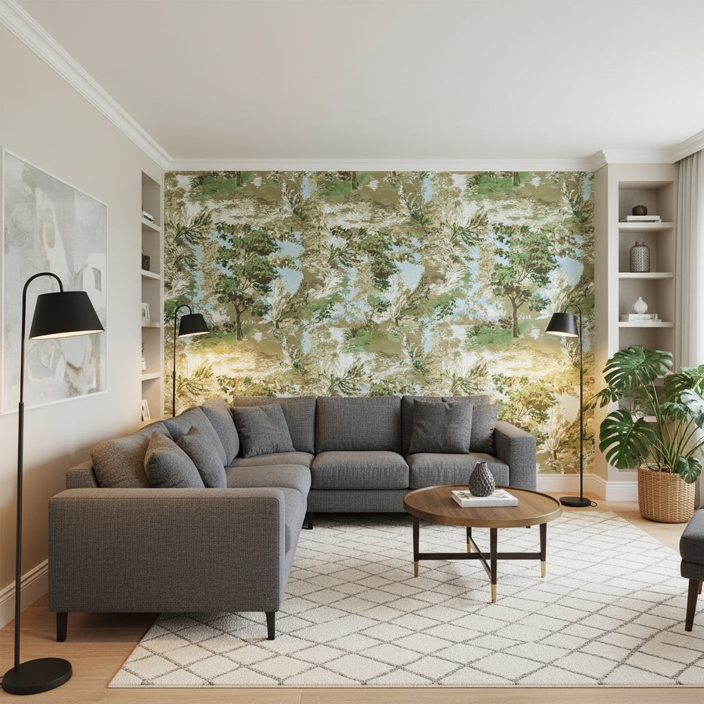 Lincoln Toile Green and Beige | Thibaut Wallcoverings - Living Room Visualization (AI-generated, may not be to scale. Verify pattern scale with product specifications.)