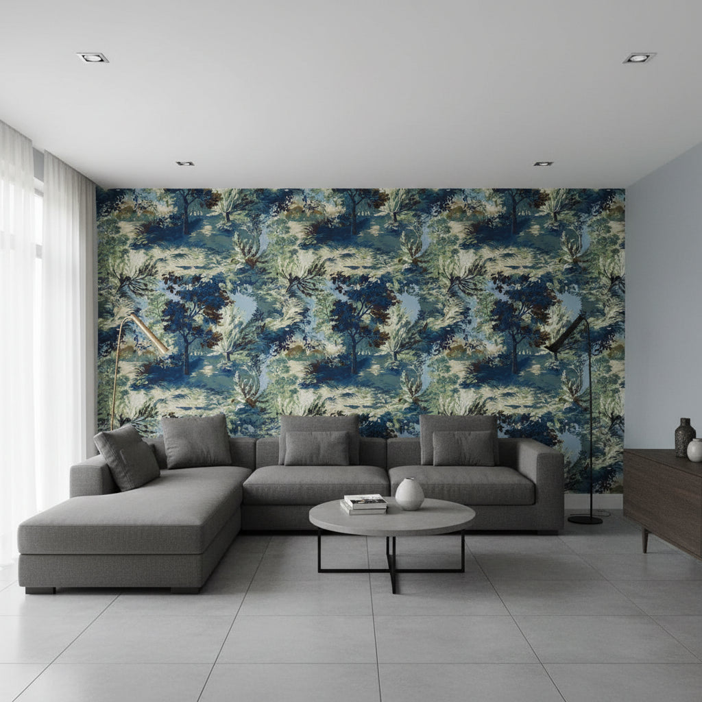 Lincoln Toile Navy and Teal | Thibaut Wallcoverings - Living Room Visualization (AI-generated, may not be to scale. Verify pattern scale with product specifications.)