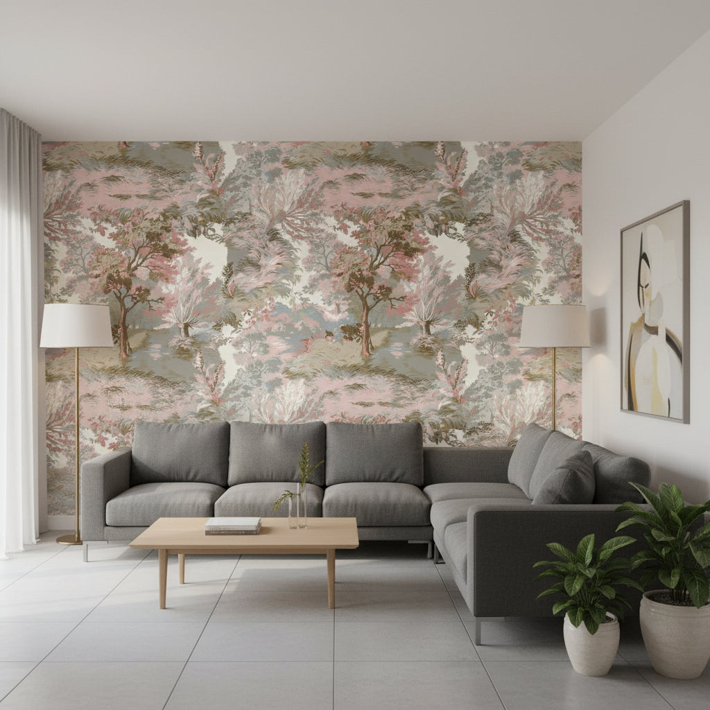 Lincoln Toile Blush | Thibaut Wallcoverings - Living Room Visualization (AI-generated, may not be to scale. Verify pattern scale with product specifications.)