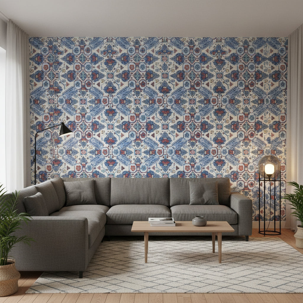 Persian Carpet Blue and White | Thibaut Wallcoverings - Living Room Visualization (AI-generated, may not be to scale. Verify pattern scale with product specifications.)