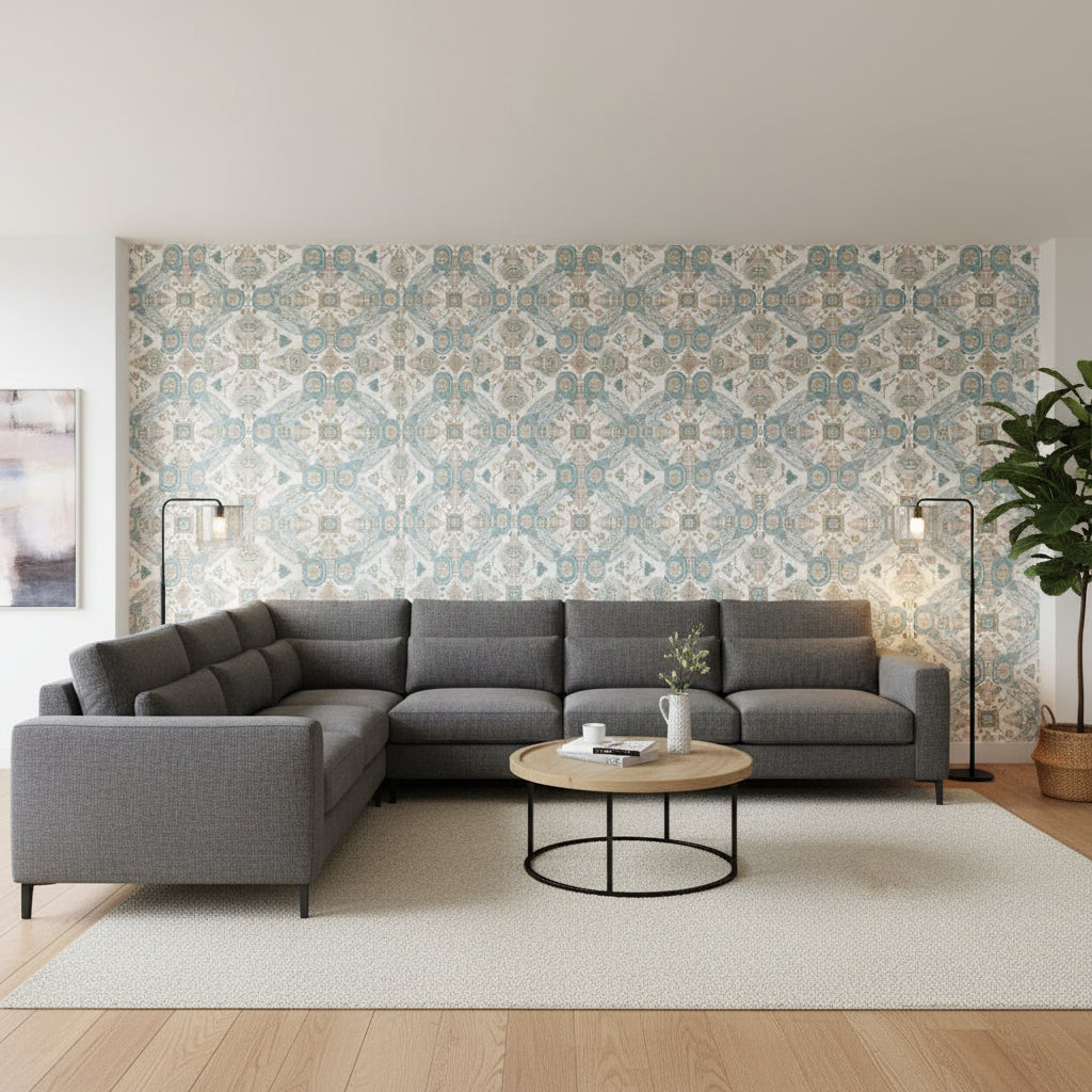 Persian Carpet Spa Blue | Thibaut Wallcoverings - Living Room Visualization (AI-generated, may not be to scale. Verify pattern scale with product specifications.)