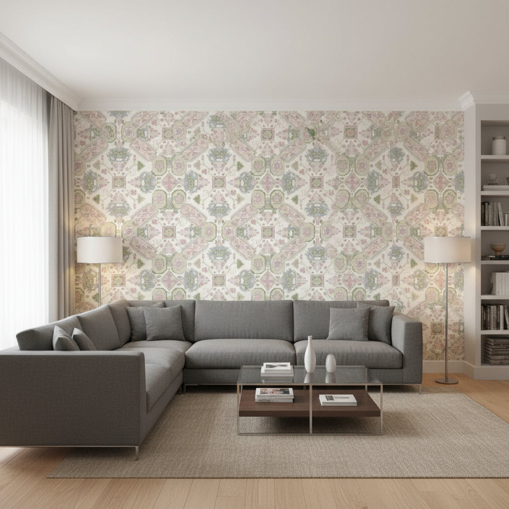 Persian Carpet Blush | Thibaut Wallcoverings - Living Room Visualization (AI-generated, may not be to scale. Verify pattern scale with product specifications.)