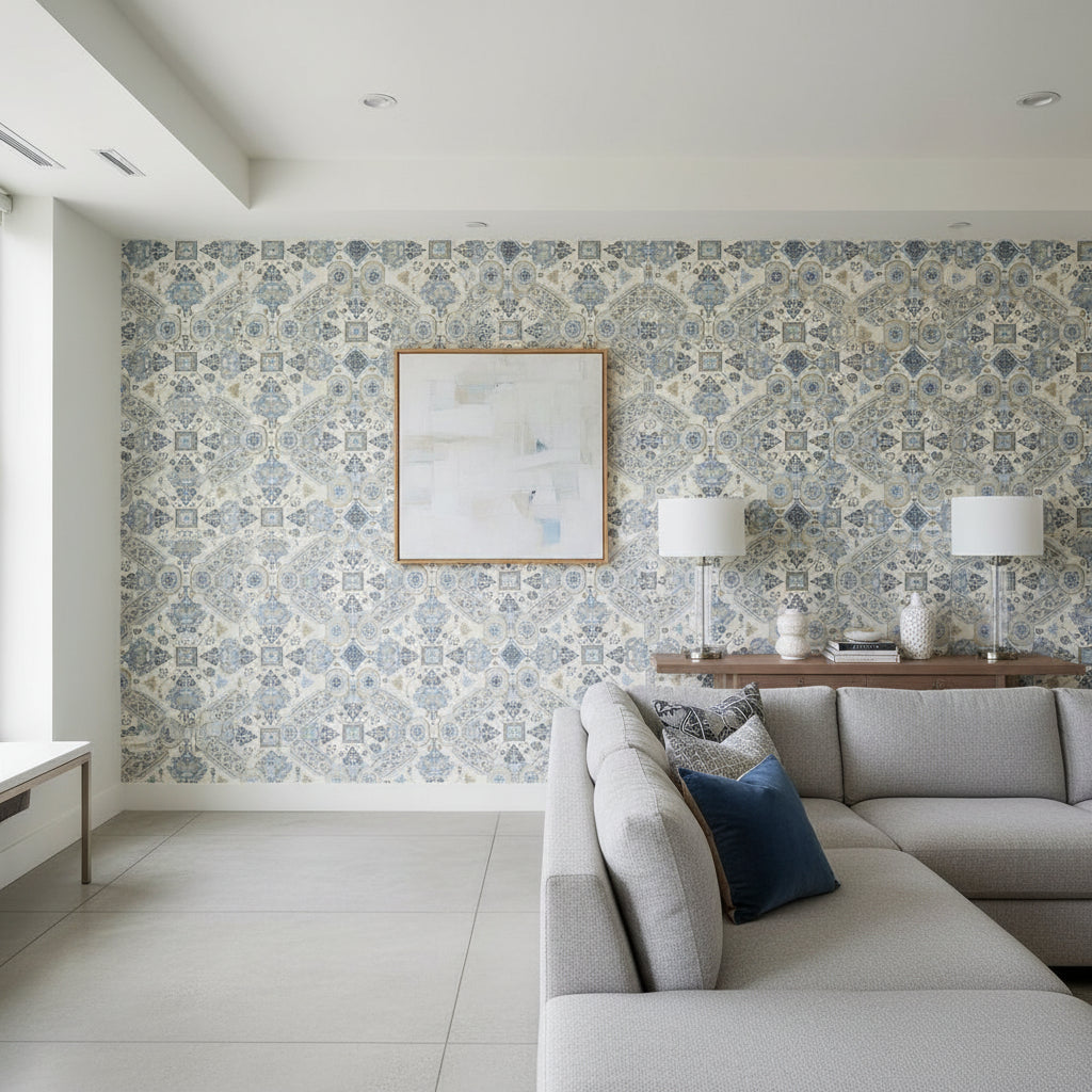 Persian Carpet Grey and Beige | Thibaut Wallcoverings - Living Room Visualization (AI-generated, may not be to scale. Verify pattern scale with product specifications.)
