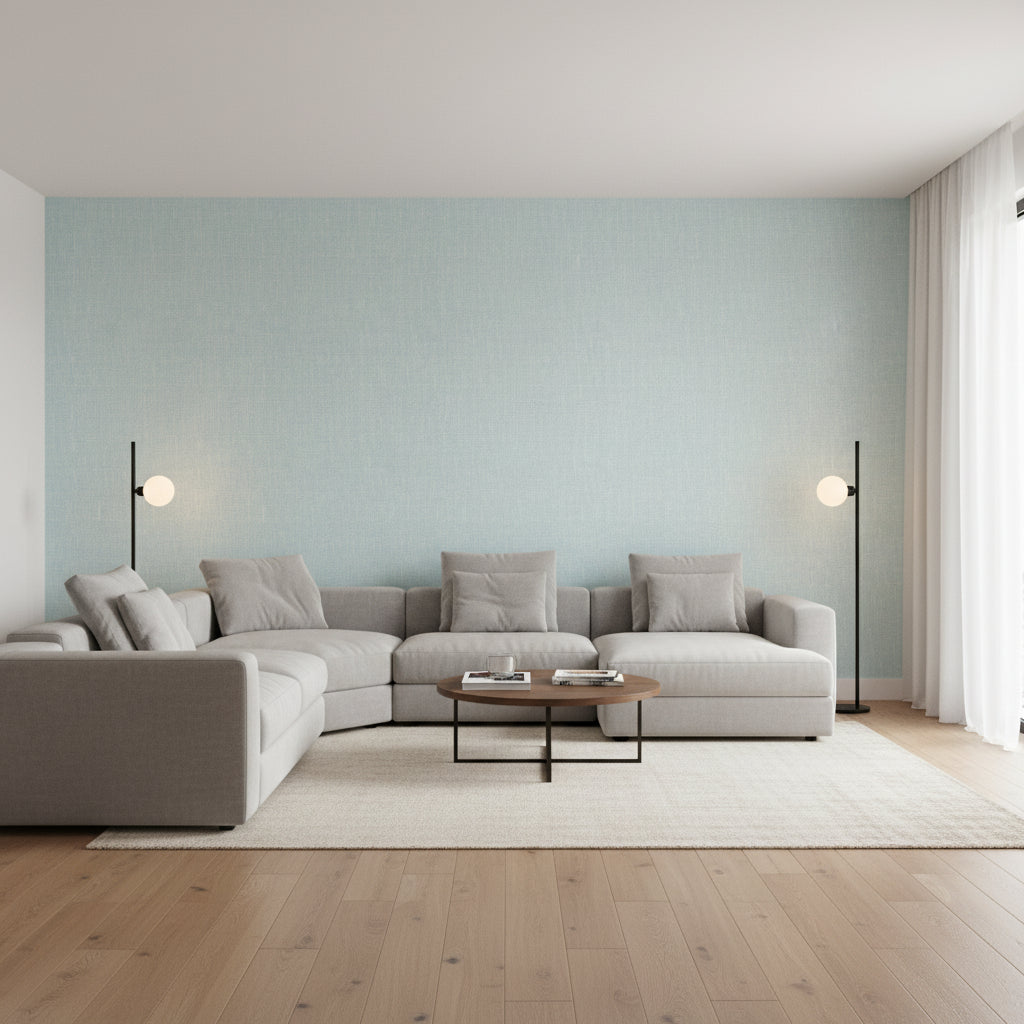 Arthur's Tweed Spa Blue | Thibaut Wallcoverings - Living Room Visualization (AI-generated, may not be to scale. Verify pattern scale with product specifications.)