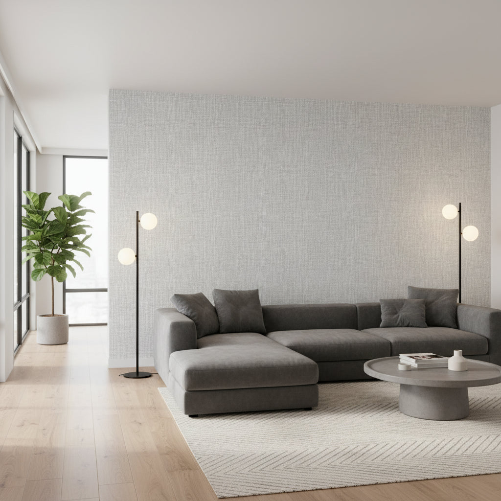 Arthur's Tweed Grey | Thibaut Wallcoverings - Living Room Visualization (AI-generated, may not be to scale. Verify pattern scale with product specifications.)