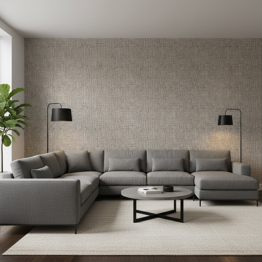 Arthur's Tweed Brown | Thibaut Wallcoverings - Living Room Visualization (AI-generated, may not be to scale. Verify pattern scale with product specifications.)