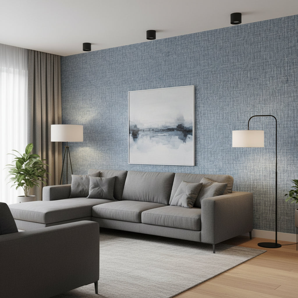 Arthur's Tweed Navy | Thibaut Wallcoverings - Living Room Visualization (AI-generated, may not be to scale. Verify pattern scale with product specifications.)