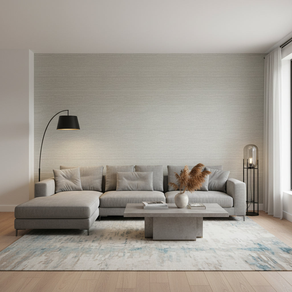 Cape May Weave Light Grey | Thibaut Wallcoverings - Living Room Visualization (AI-generated, may not be to scale. Verify pattern scale with product specifications.)