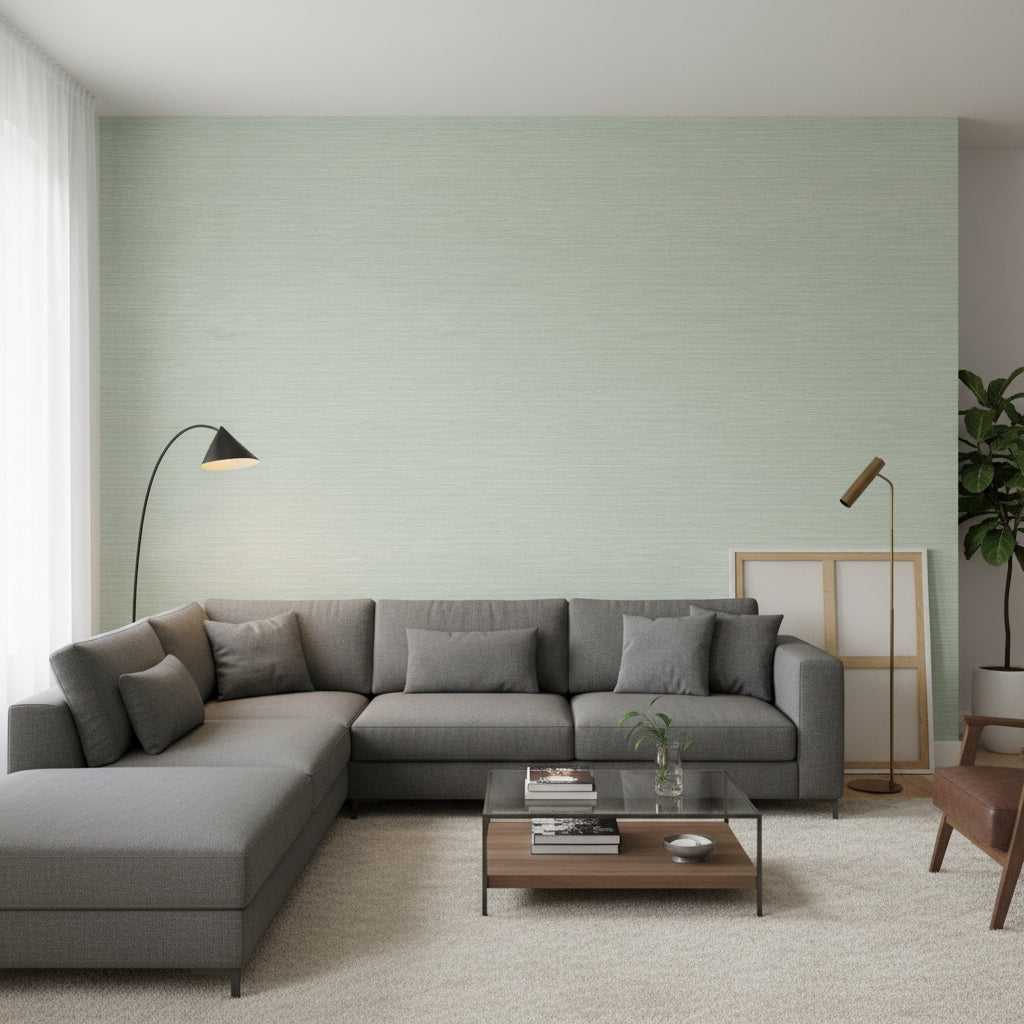 Cape May Weave Sage | Thibaut Wallcoverings - Living Room Visualization (AI-generated, may not be to scale. Verify pattern scale with product specifications.)