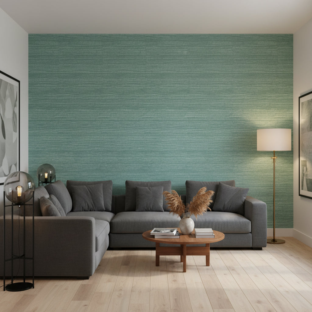 Cape May Weave Teal | Thibaut Wallcoverings - Living Room Visualization (AI-generated, may not be to scale. Verify pattern scale with product specifications.)