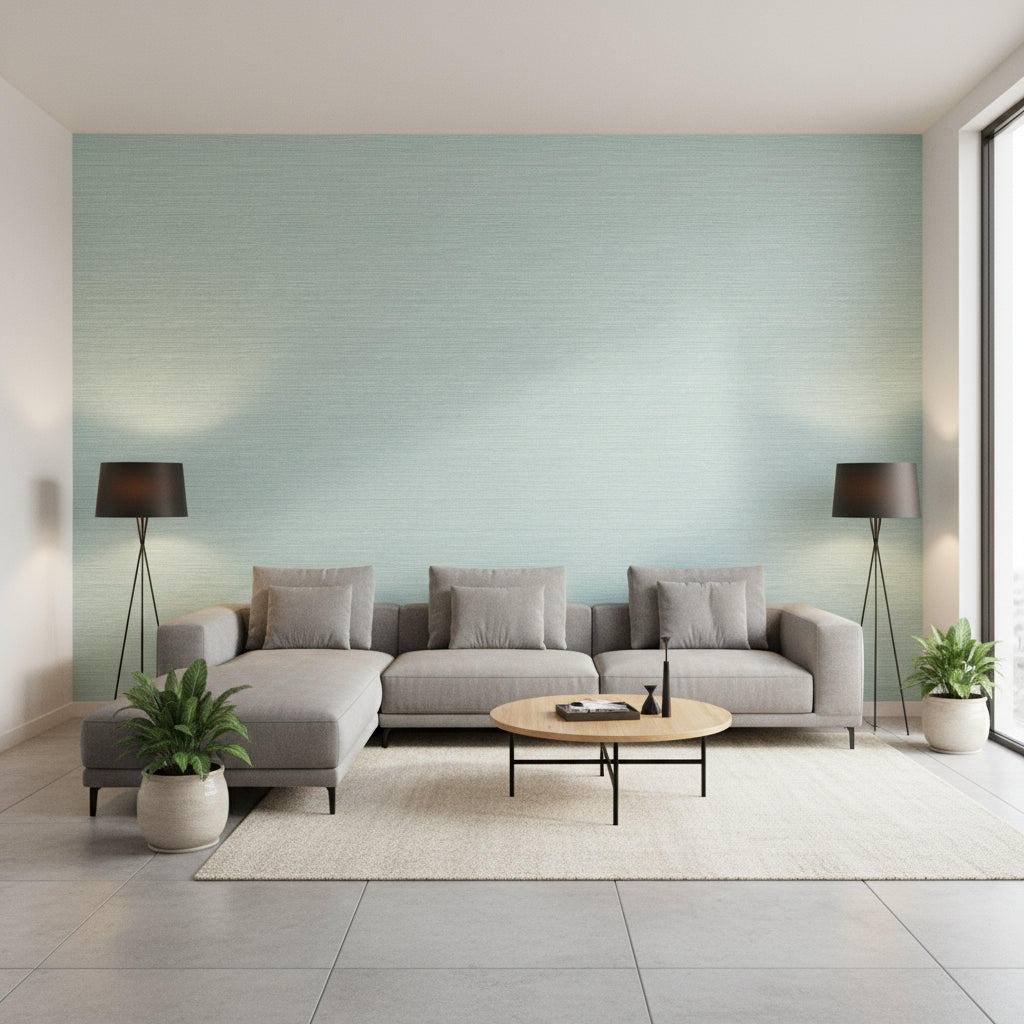 Cape May Weave Yarmouth Blue | Thibaut Wallcoverings - Living Room Visualization (AI-generated, may not be to scale. Verify pattern scale with product specifications.)