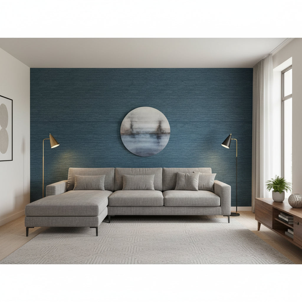 Cape May Weave Navy | Thibaut Wallcoverings - Living Room Visualization (AI-generated, may not be to scale. Verify pattern scale with product specifications.)