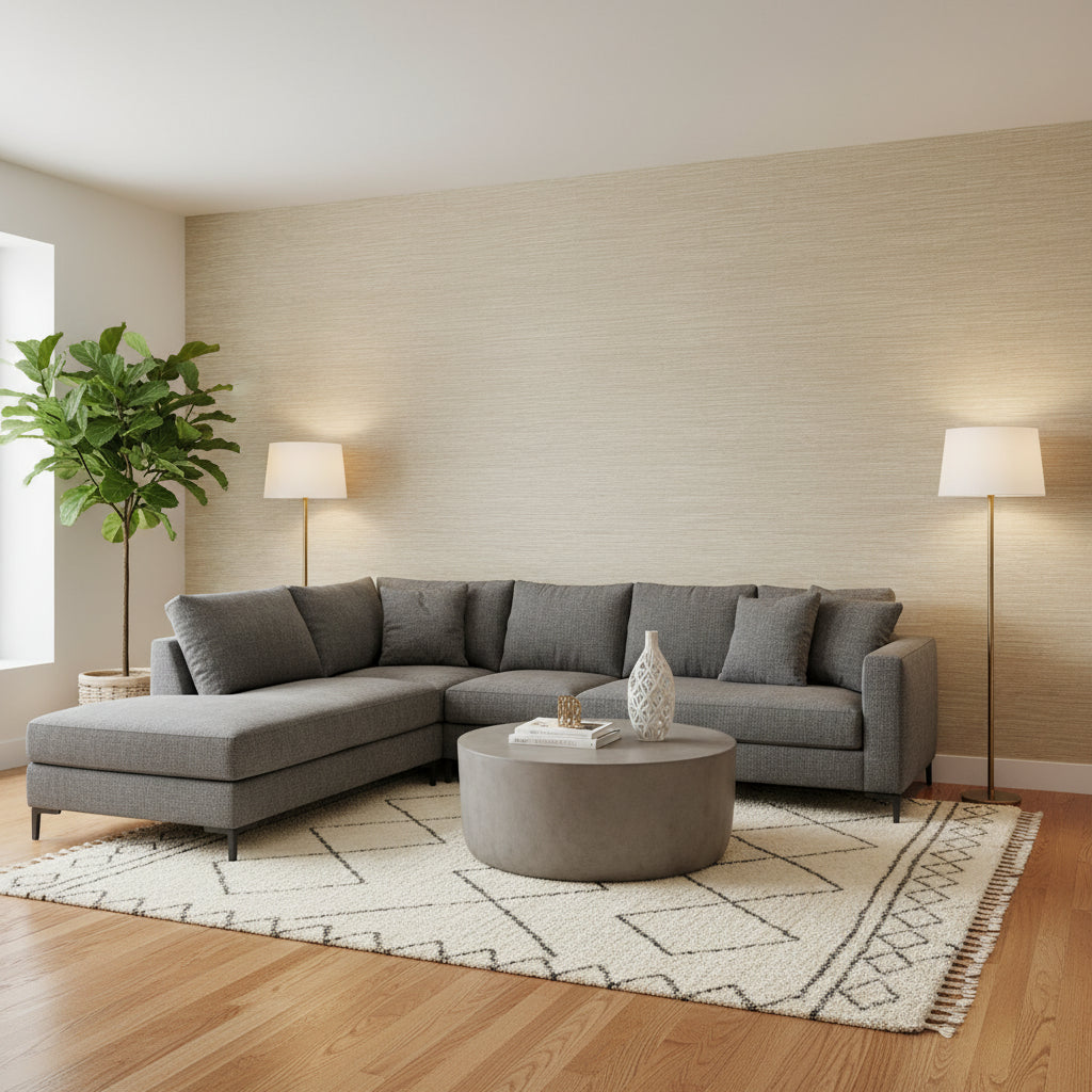 Cape May Weave Brown | Thibaut Wallcoverings - Living Room Visualization (AI-generated, may not be to scale. Verify pattern scale with product specifications.)