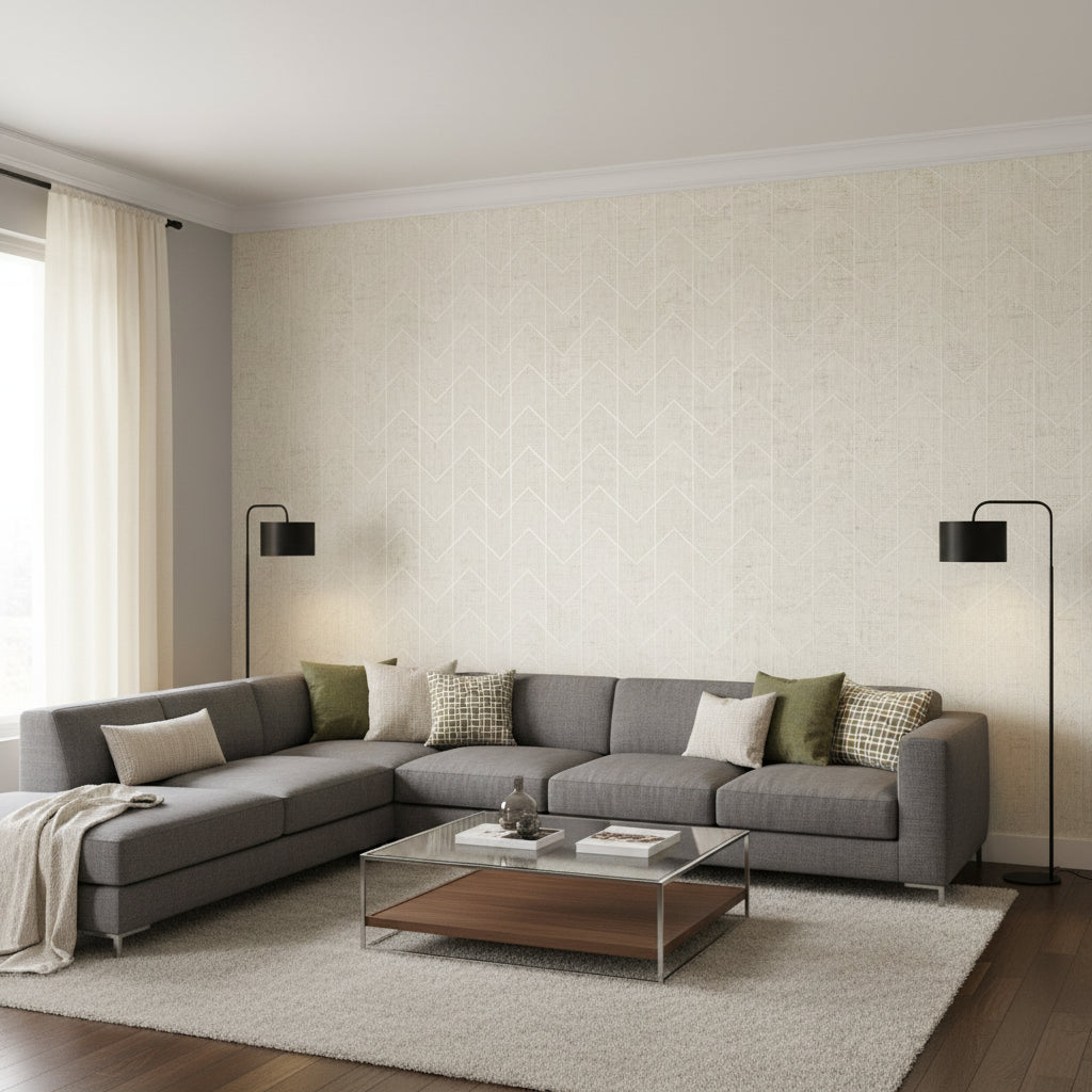 Cordoza Weave Light Grey | Thibaut Wallcoverings - Living Room Visualization (AI-generated, may not be to scale. Verify pattern scale with product specifications.)