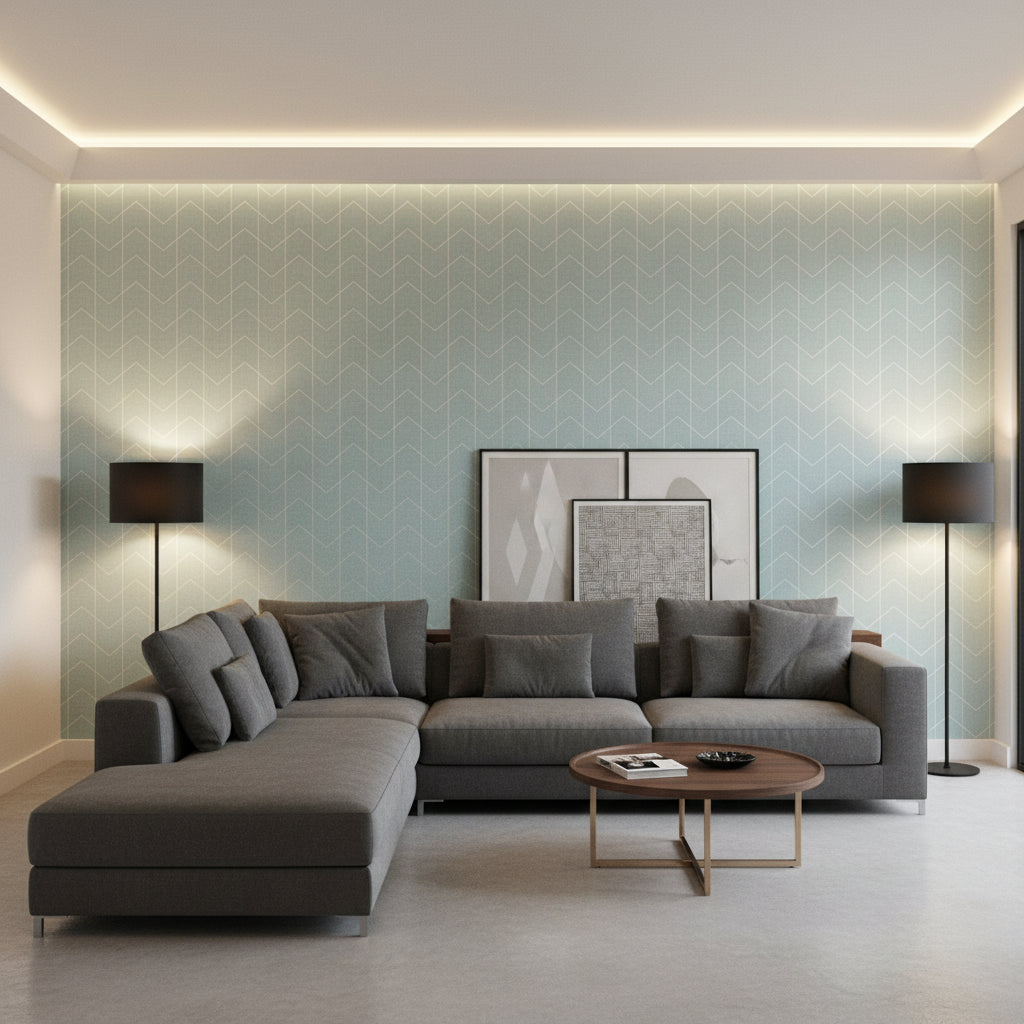 Cordoza Weave Spa Blue and Silver | Thibaut Wallcoverings - Living Room Visualization (AI-generated, may not be to scale. Verify pattern scale with product specifications.)