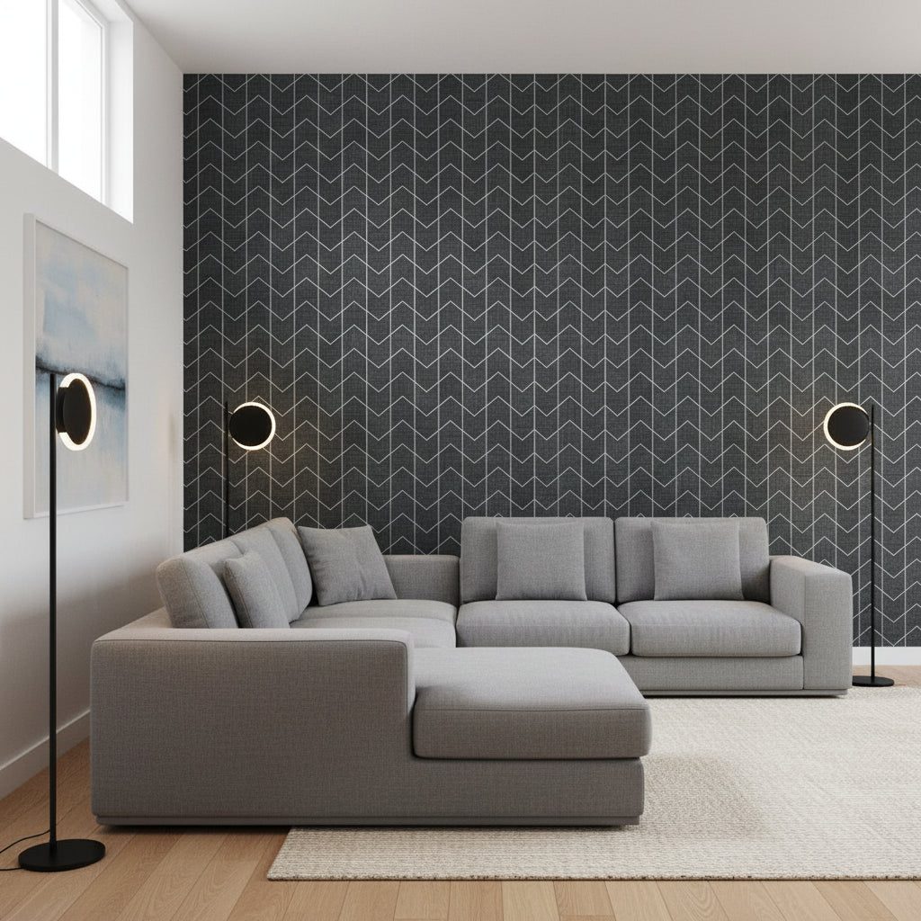 Cordoza Weave Charcoal | Thibaut Wallcoverings - Living Room Visualization (AI-generated, may not be to scale. Verify pattern scale with product specifications.)