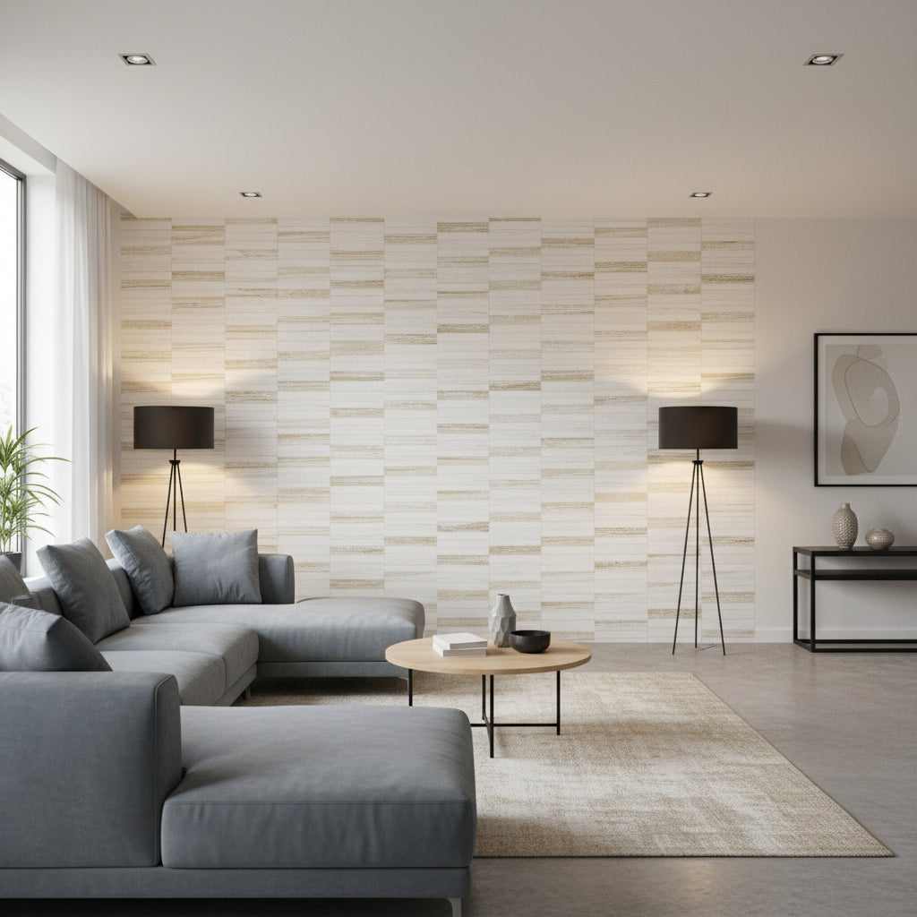 Encinitas White | Thibaut Wallcoverings - Living Room Visualization (AI-generated, may not be to scale. Verify pattern scale with product specifications.)
