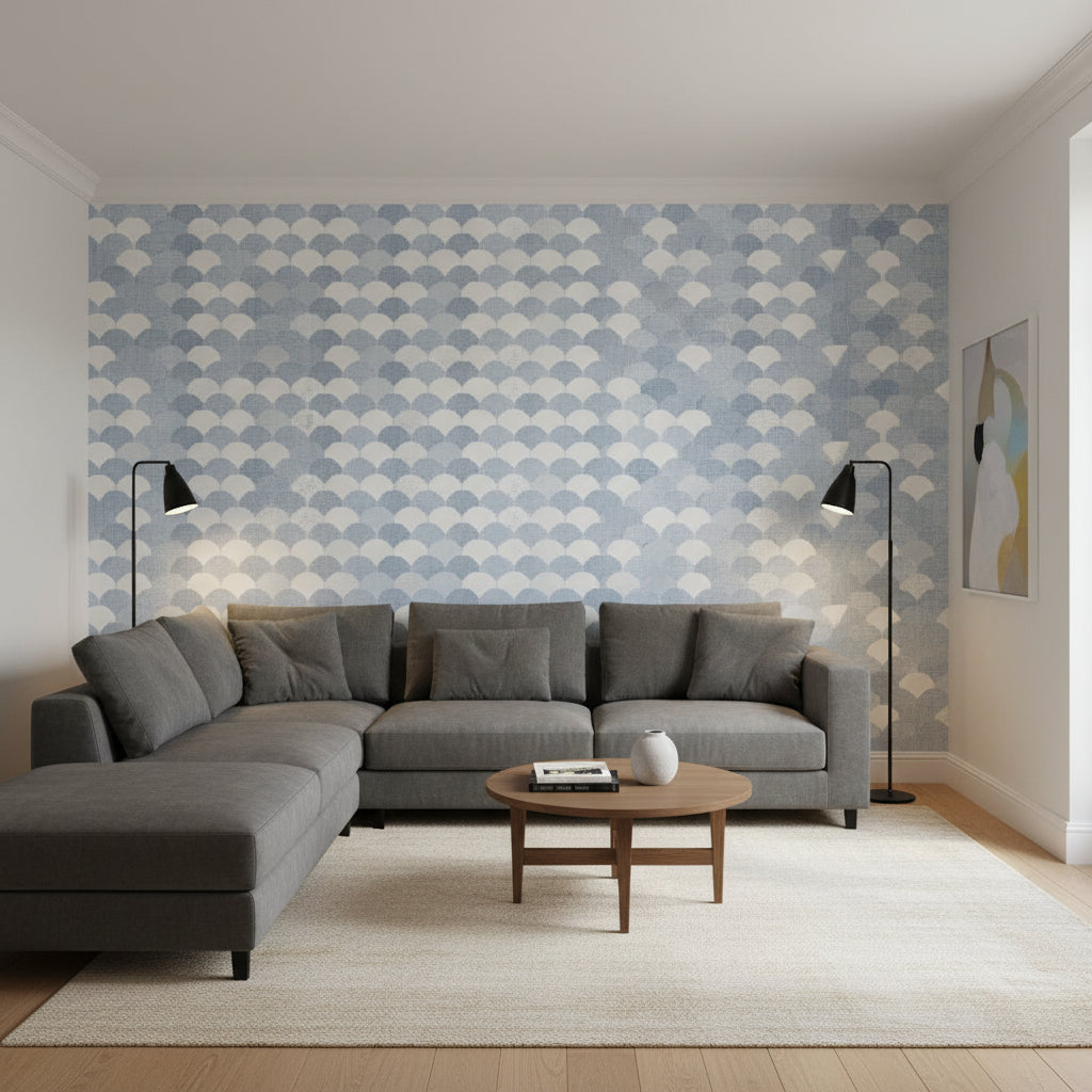 Hidden Hills Navy and White | Thibaut Wallcoverings - Living Room Visualization (AI-generated, may not be to scale. Verify pattern scale with product specifications.)