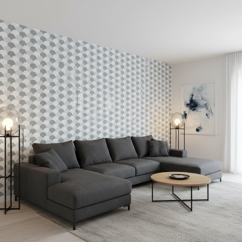 Hidden Hills Black and White | Thibaut Wallcoverings - Living Room Visualization (AI-generated, may not be to scale. Verify pattern scale with product specifications.)