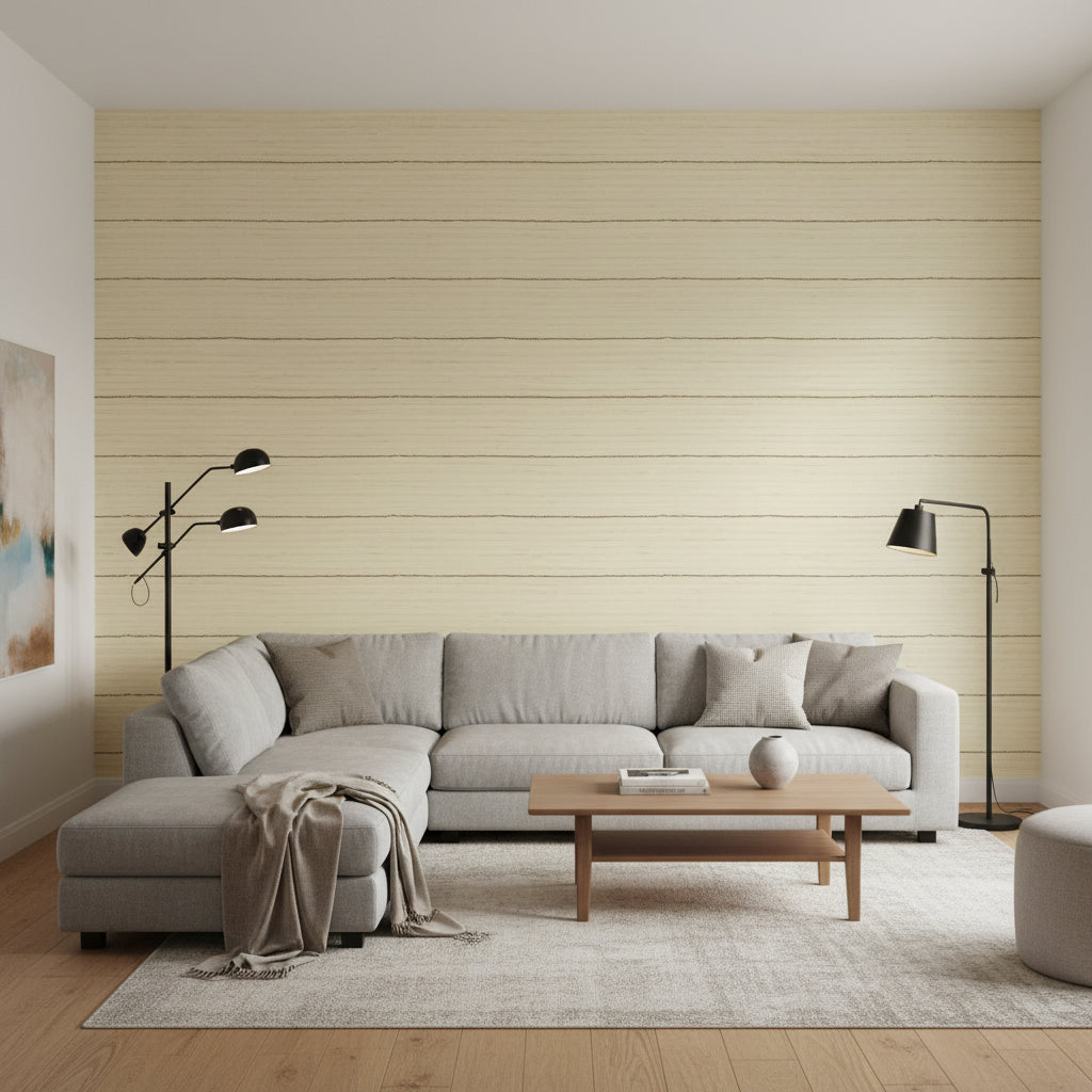 Navajo Natural | Thibaut Wallcoverings - Living Room Visualization (AI-generated, may not be to scale. Verify pattern scale with product specifications.)