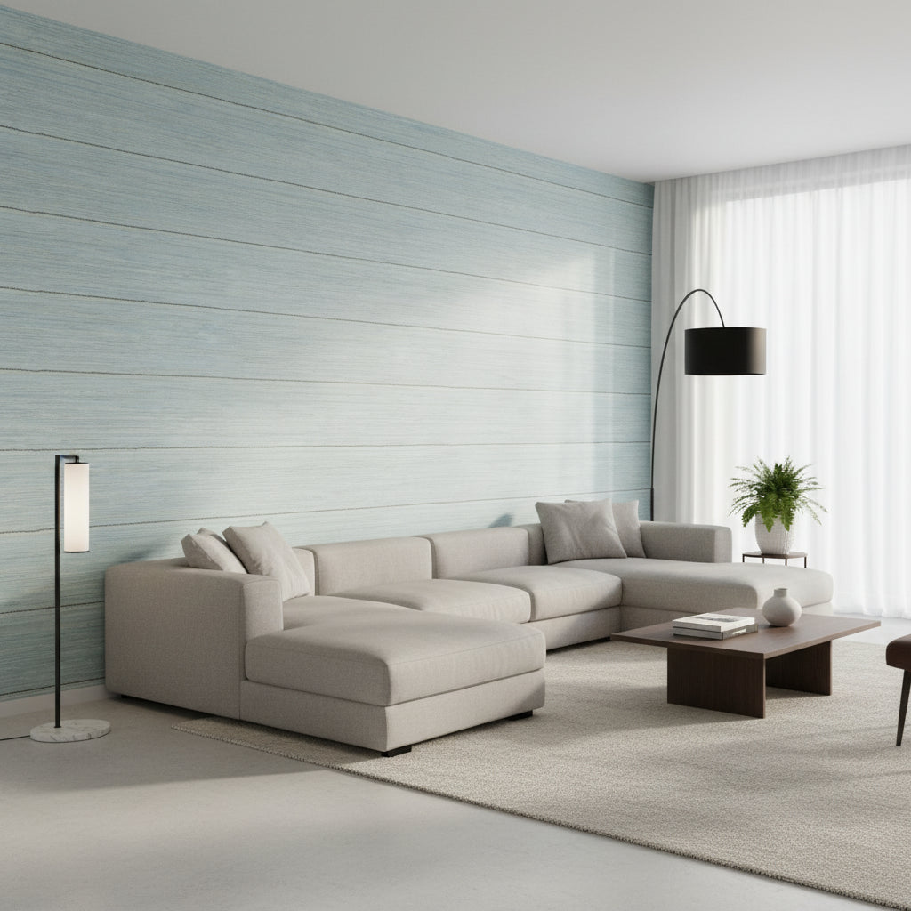 Navajo Spa Blue | Thibaut Wallcoverings - Living Room Visualization (AI-generated, may not be to scale. Verify pattern scale with product specifications.)