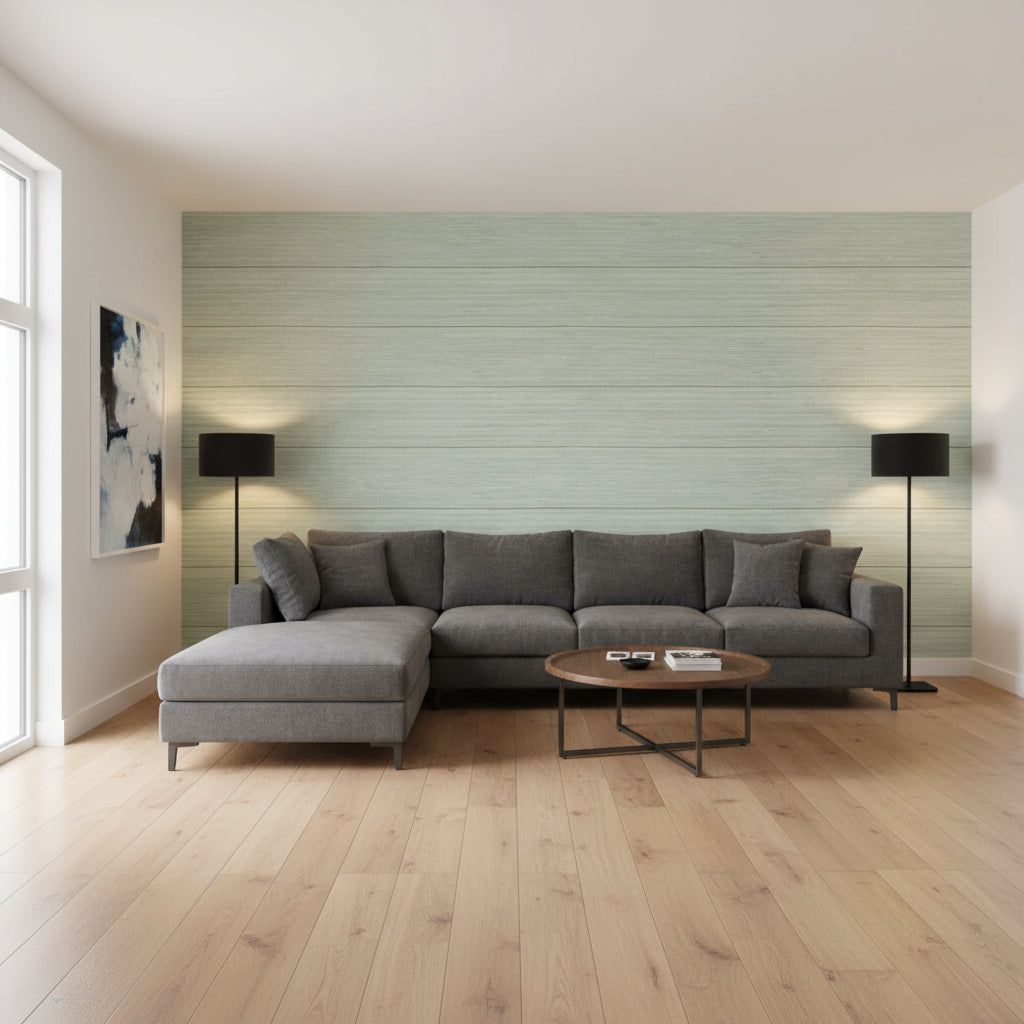 Navajo Sage | Thibaut Wallcoverings - Living Room Visualization (AI-generated, may not be to scale. Verify pattern scale with product specifications.)