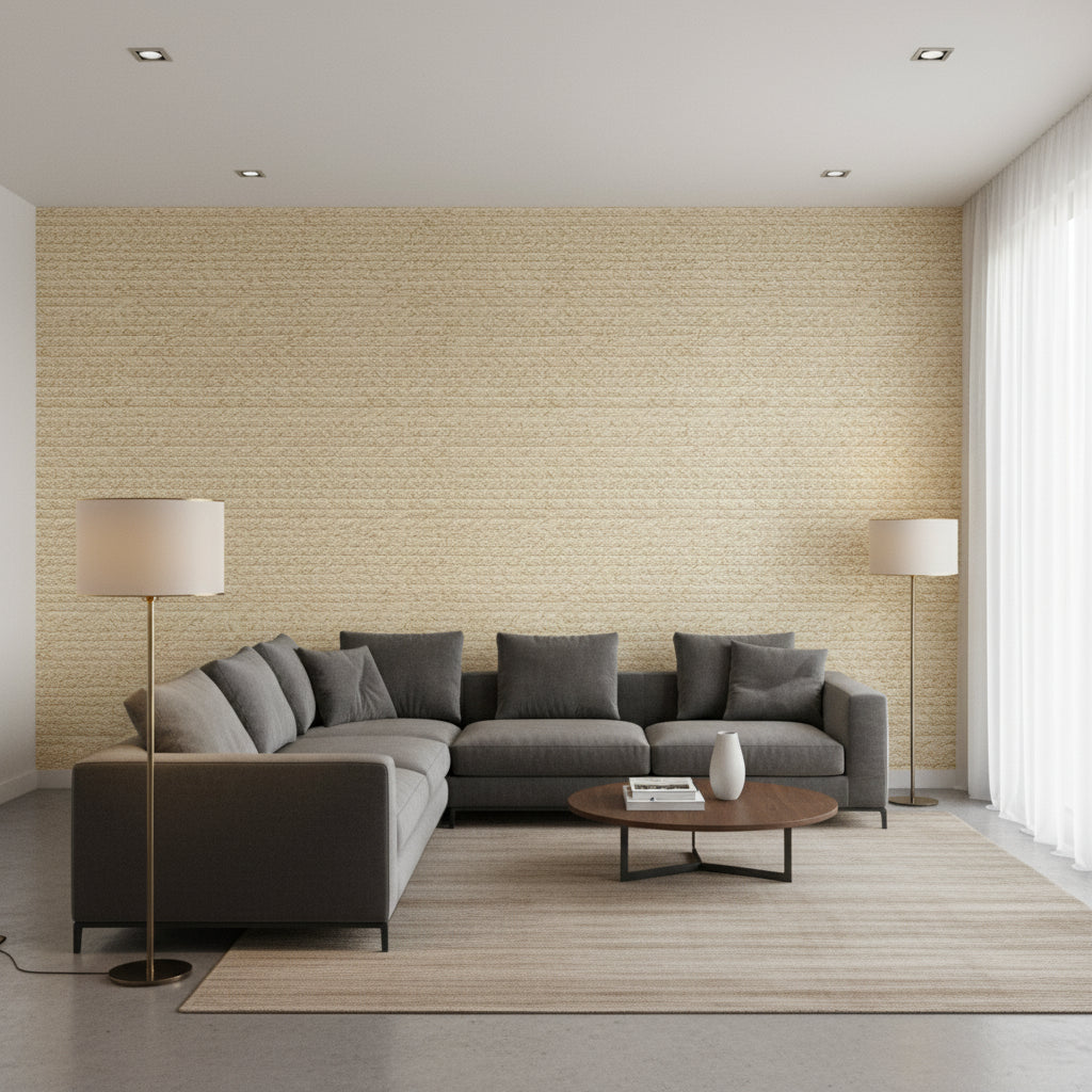 Pima Braid Straw | Thibaut Wallcoverings - Living Room Visualization (AI-generated, may not be to scale. Verify pattern scale with product specifications.)