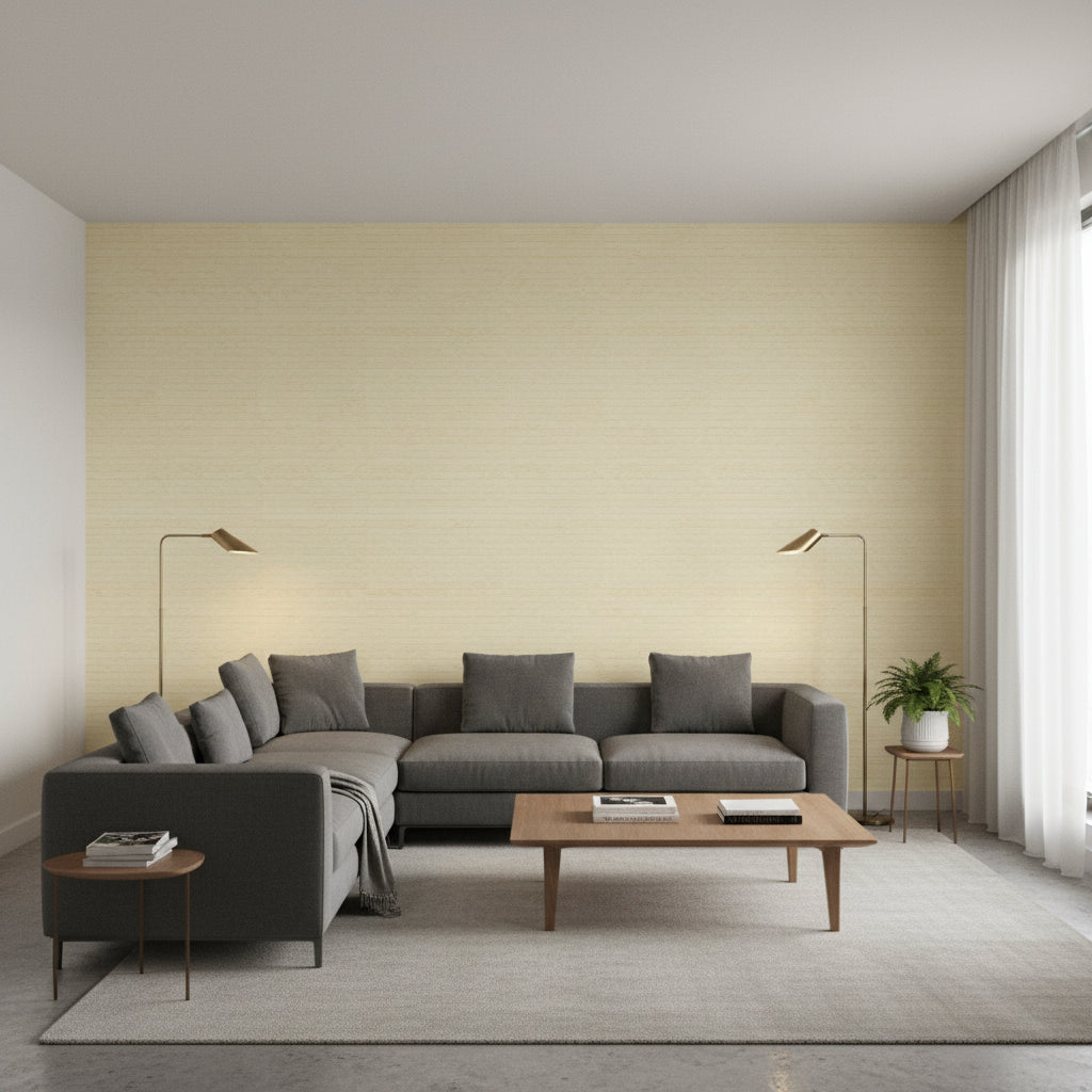 Pima Braid Natural | Thibaut Wallcoverings - Living Room Visualization (AI-generated, may not be to scale. Verify pattern scale with product specifications.)