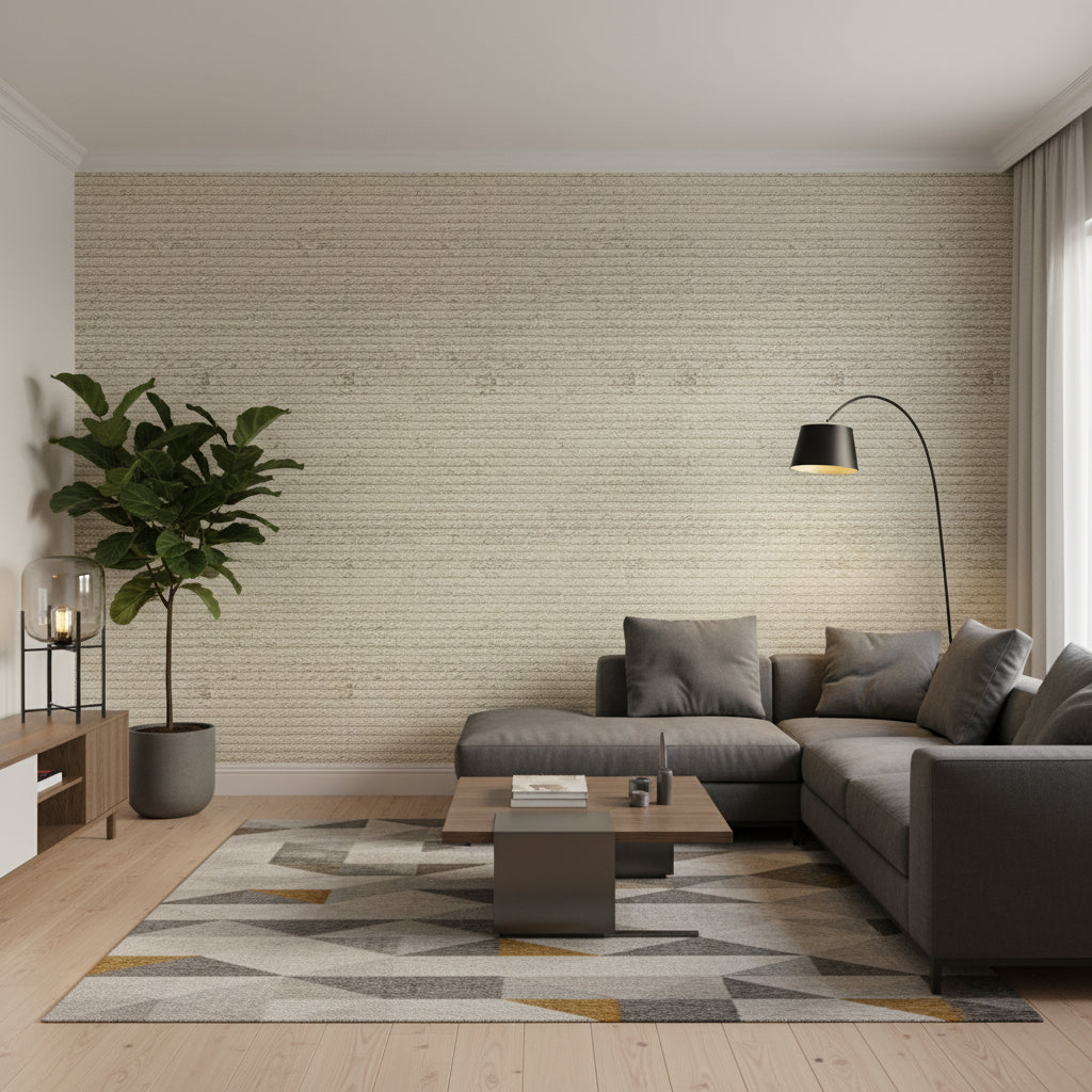Pima Braid Grey | Thibaut Wallcoverings - Living Room Visualization (AI-generated, may not be to scale. Verify pattern scale with product specifications.)