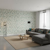 Point Lobos Brown and Teal | Thibaut Wallcoverings - Living Room Visualization (AI-generated, may not be to scale. Verify pattern scale with product specifications.)
