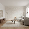 Point Lobos Beige | Thibaut Wallcoverings - Living Room Visualization (AI-generated, may not be to scale. Verify pattern scale with product specifications.)