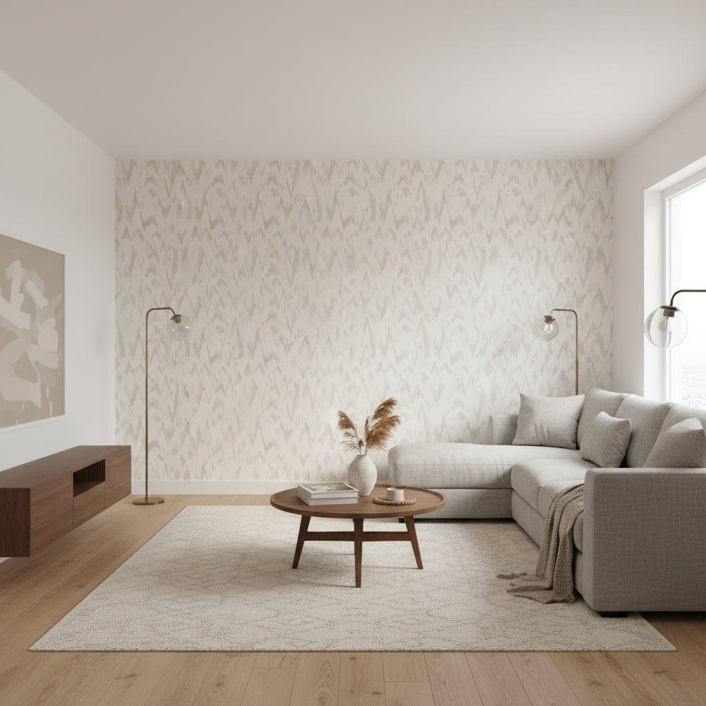 Point Lobos Beige | Thibaut Wallcoverings - Living Room Visualization (AI-generated, may not be to scale. Verify pattern scale with product specifications.)