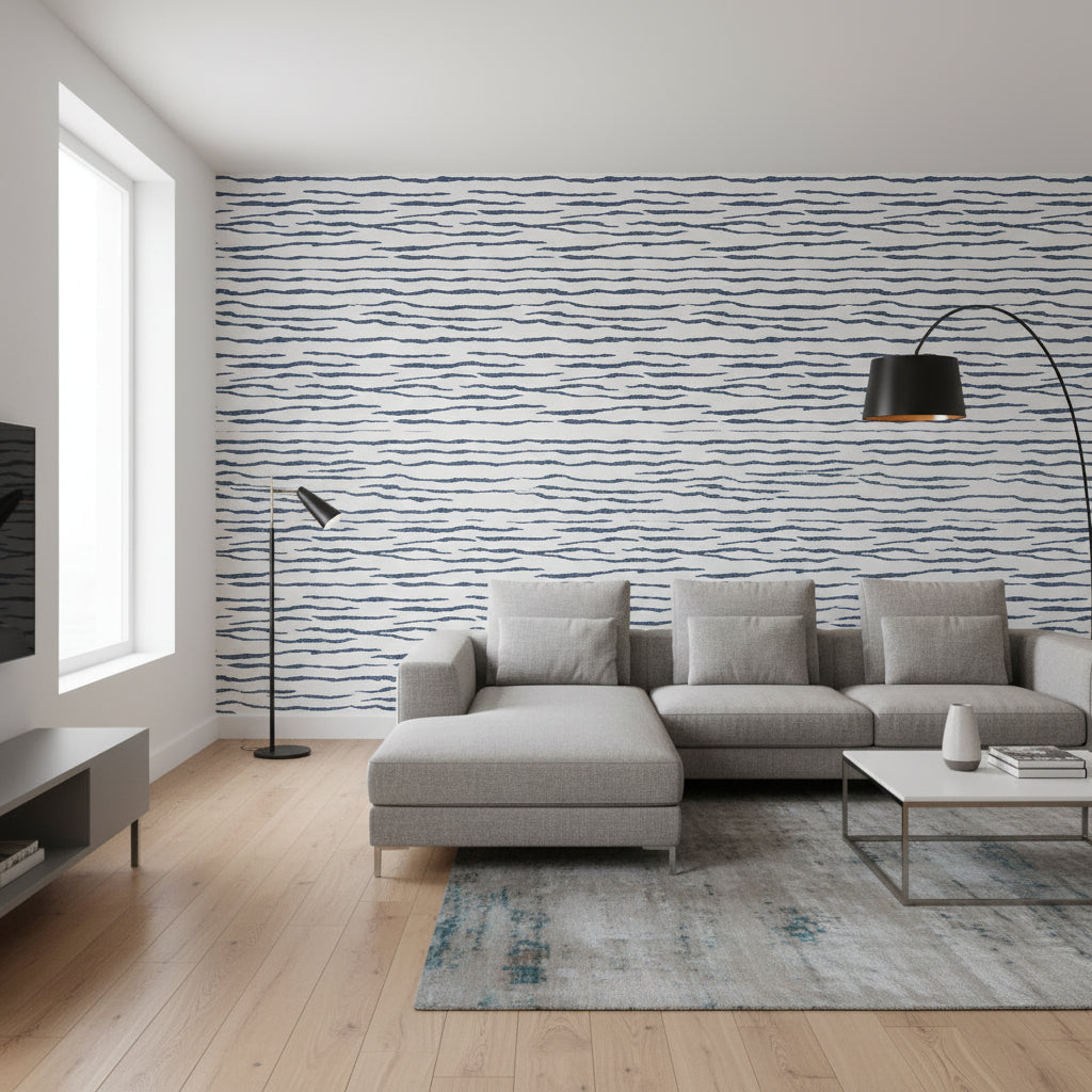 Savanna Navy | Thibaut Wallcoverings - Living Room Visualization (AI-generated, may not be to scale. Verify pattern scale with product specifications.)
