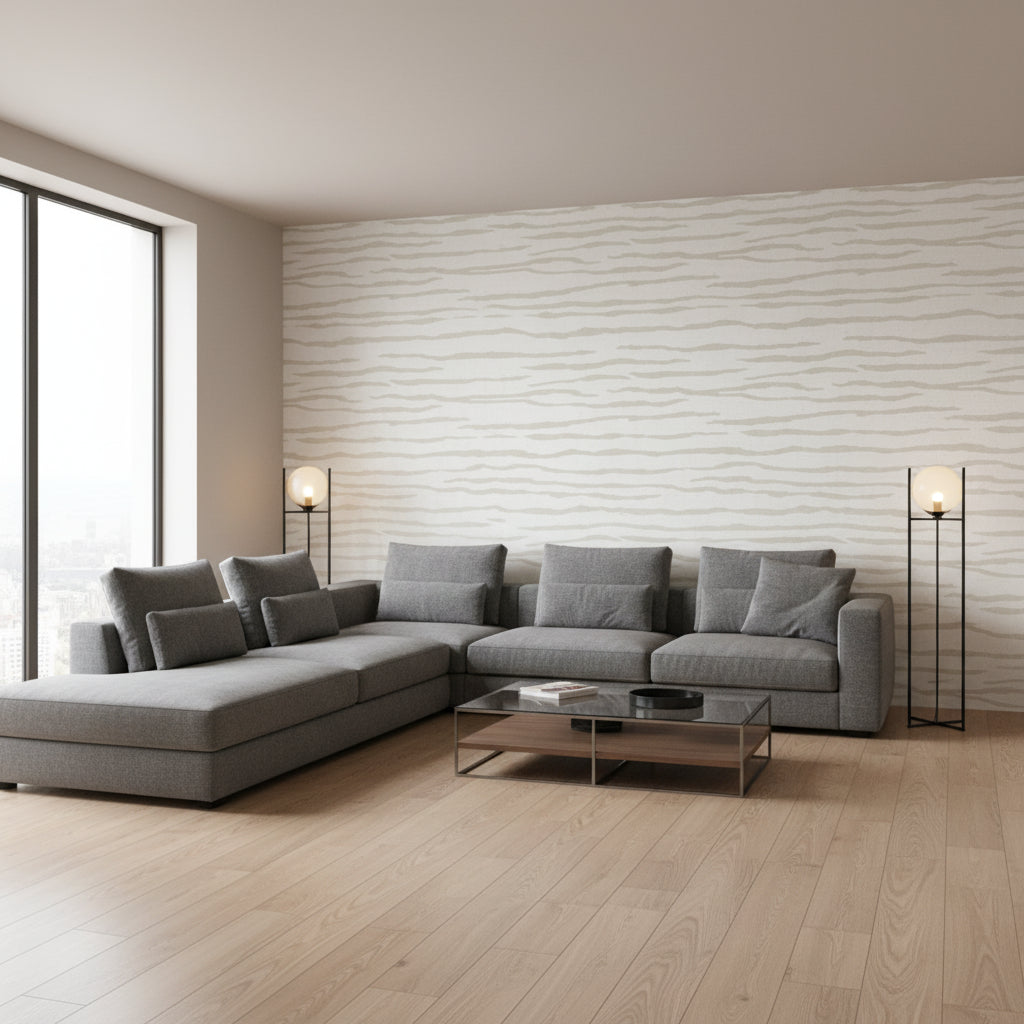 Savanna Flax | Thibaut Wallcoverings - Living Room Visualization (AI-generated, may not be to scale. Verify pattern scale with product specifications.)