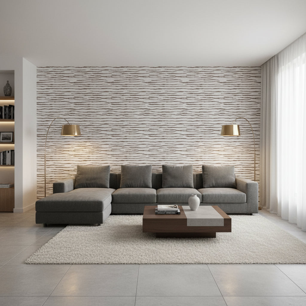 Savanna Brown and White | Thibaut Wallcoverings - Living Room Visualization (AI-generated, may not be to scale. Verify pattern scale with product specifications.)