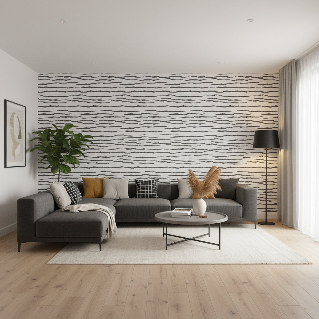 Savanna Black and White | Thibaut Wallcoverings - Living Room Visualization (AI-generated, may not be to scale. Verify pattern scale with product specifications.)