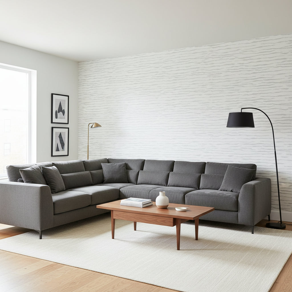 Savanna Grey | Thibaut Wallcoverings - Living Room Visualization (AI-generated, may not be to scale. Verify pattern scale with product specifications.)