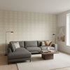 Evia Snow and White | Thibaut Wallcoverings - Living Room Visualization (AI-generated, may not be to scale. Verify pattern scale with product specifications.)