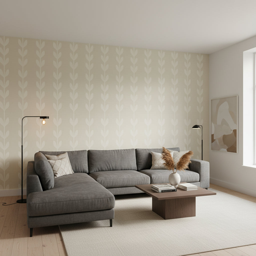Evia Snow and White | Thibaut Wallcoverings - Living Room Visualization (AI-generated, may not be to scale. Verify pattern scale with product specifications.)