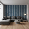 Evia Navy | Thibaut Wallcoverings - Living Room Visualization (AI-generated, may not be to scale. Verify pattern scale with product specifications.)
