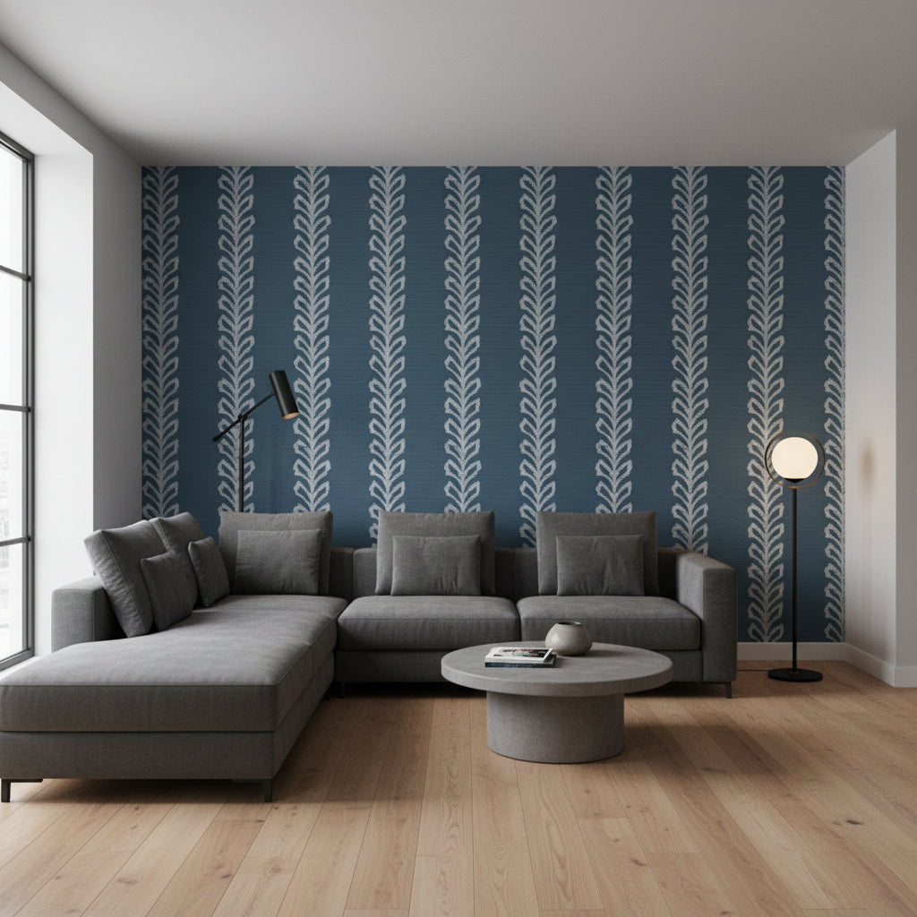 Evia Navy | Thibaut Wallcoverings - Living Room Visualization (AI-generated, may not be to scale. Verify pattern scale with product specifications.)