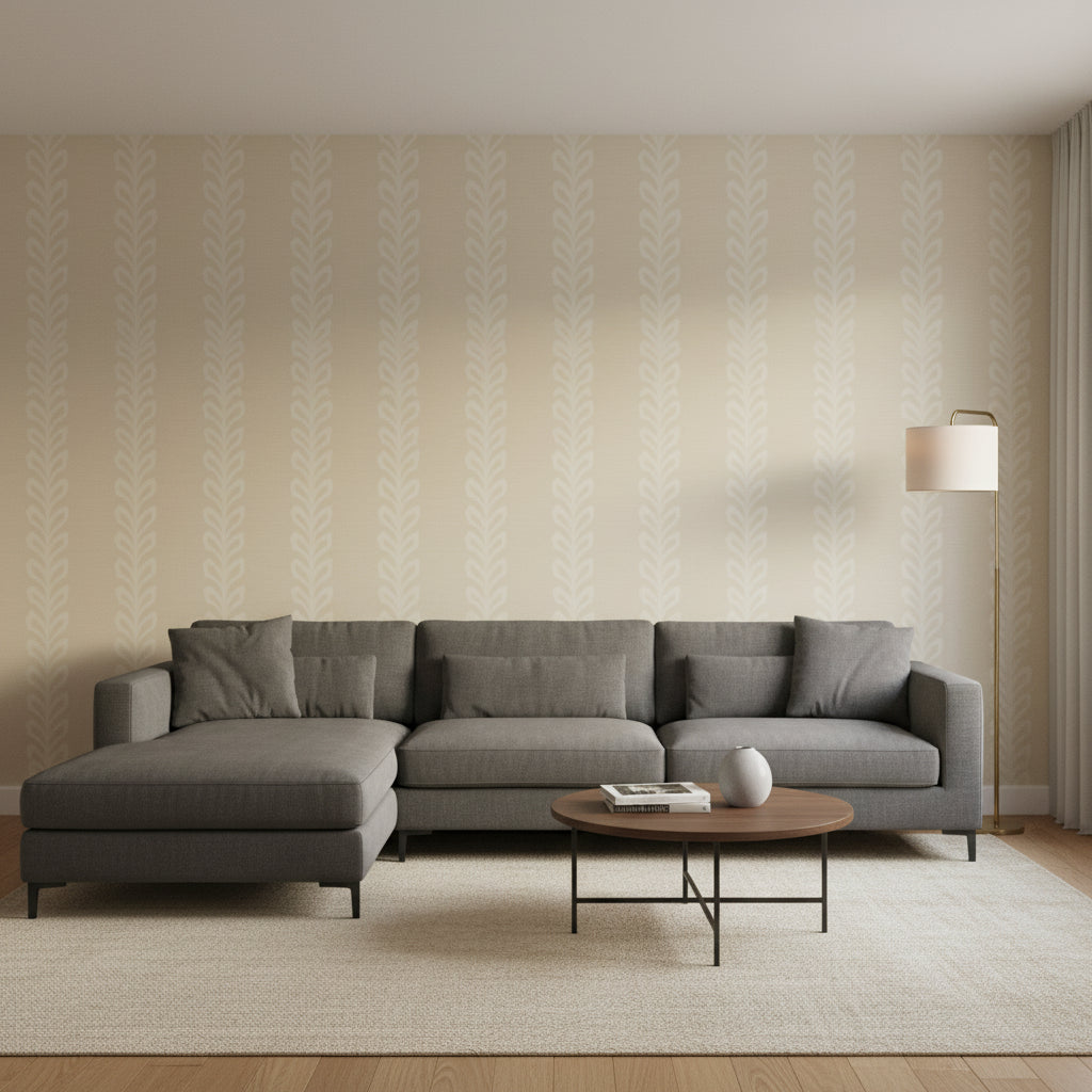 Evia Light Taupe and White | Thibaut Wallcoverings - Living Room Visualization (AI-generated, may not be to scale. Verify pattern scale with product specifications.)