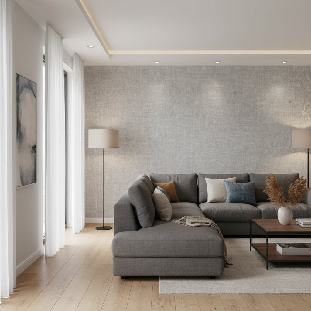 Fine Harvest Charcoal | Thibaut Wallcoverings - Living Room Visualization (AI-generated, may not be to scale. Verify pattern scale with product specifications.)