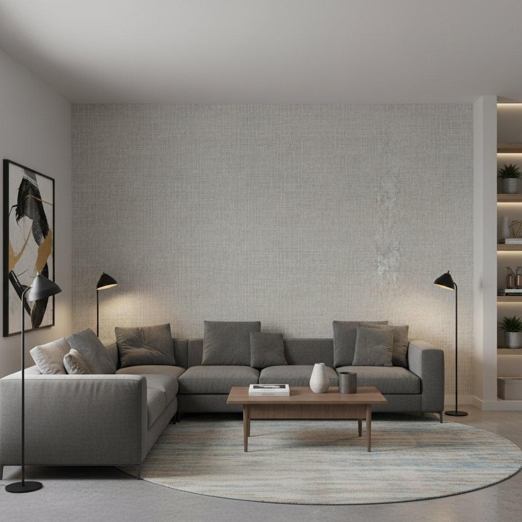 Fine Harvest Black | Thibaut Wallcoverings - Living Room Visualization (AI-generated, may not be to scale. Verify pattern scale with product specifications.)