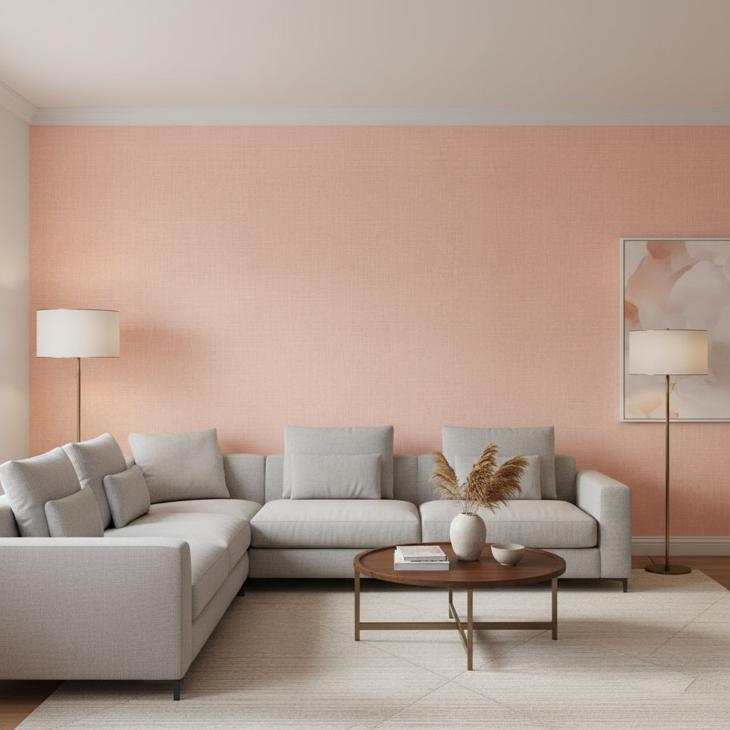 Fine Harvest Strawberry | Thibaut Wallcoverings - Living Room Visualization (AI-generated, may not be to scale. Verify pattern scale with product specifications.)