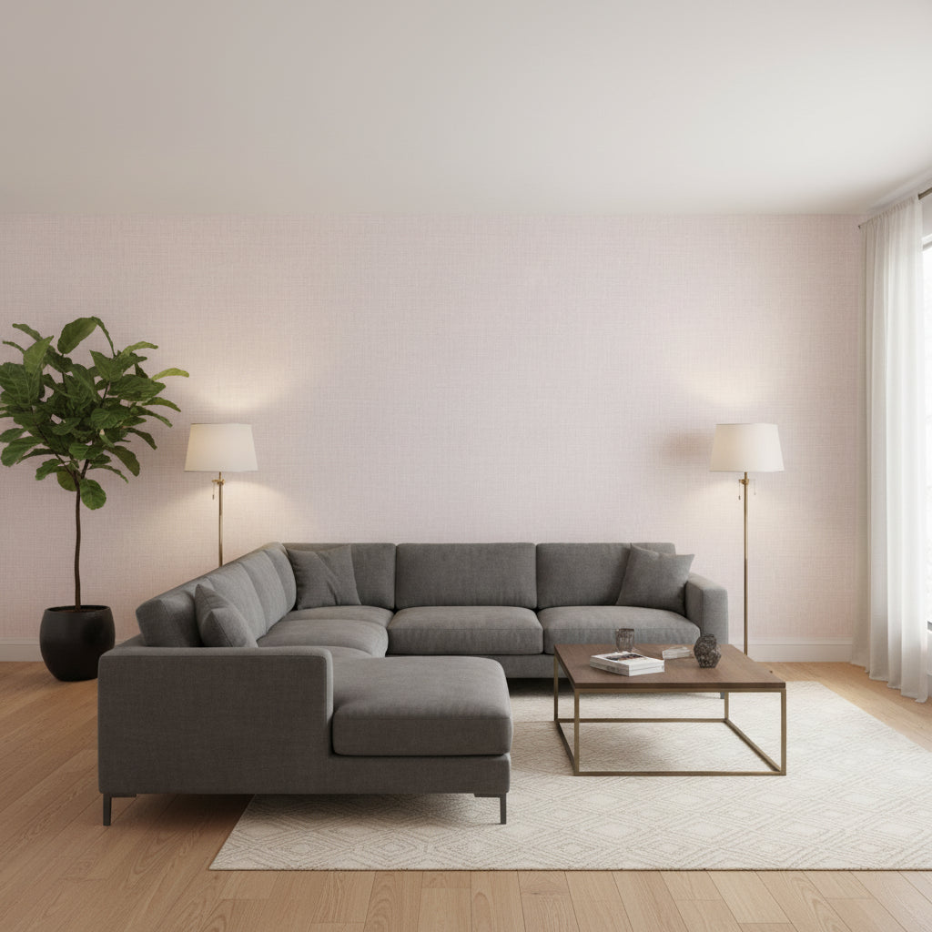 Fine Harvest Lavender | Thibaut Wallcoverings - Living Room Visualization (AI-generated, may not be to scale. Verify pattern scale with product specifications.)